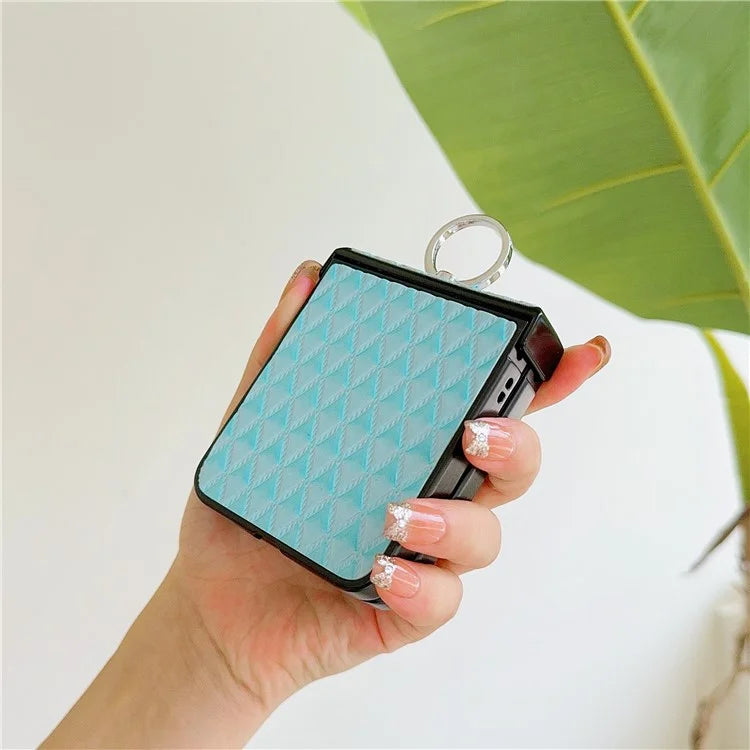 For Samsung Galaxy Z Flip6 5G Rhombus Imprinted PU Leather Coated PC Phone Cover with Ring Kickstand