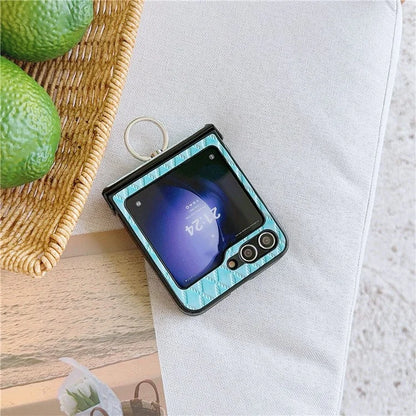 For Samsung Galaxy Z Flip6 5G Rhombus Imprinted PU Leather Coated PC Phone Cover with Ring Kickstand