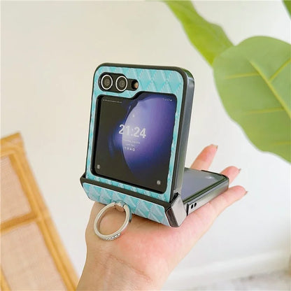 For Samsung Galaxy Z Flip6 5G Rhombus Imprinted PU Leather Coated PC Phone Cover with Ring Kickstand
