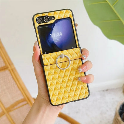 For Samsung Galaxy Z Flip6 5G Rhombus Imprinted PU Leather Coated PC Phone Cover with Ring Kickstand