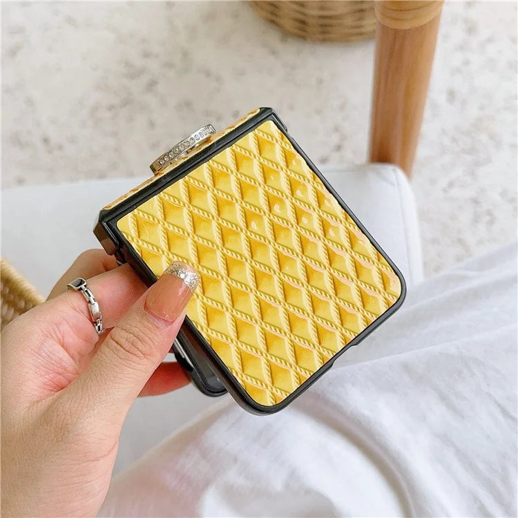 For Samsung Galaxy Z Flip6 5G Rhombus Imprinted PU Leather Coated PC Phone Cover with Ring Kickstand