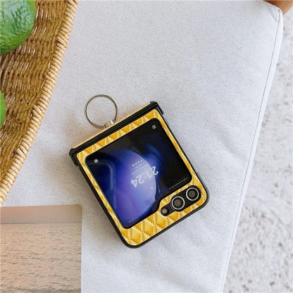 For Samsung Galaxy Z Flip6 5G Rhombus Imprinted PU Leather Coated PC Phone Cover with Ring Kickstand
