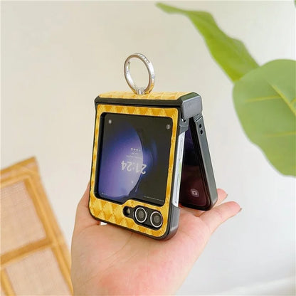 For Samsung Galaxy Z Flip6 5G Rhombus Imprinted PU Leather Coated PC Phone Cover with Ring Kickstand