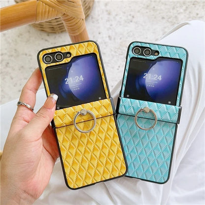 For Samsung Galaxy Z Flip6 5G Rhombus Imprinted PU Leather Coated PC Phone Cover with Ring Kickstand