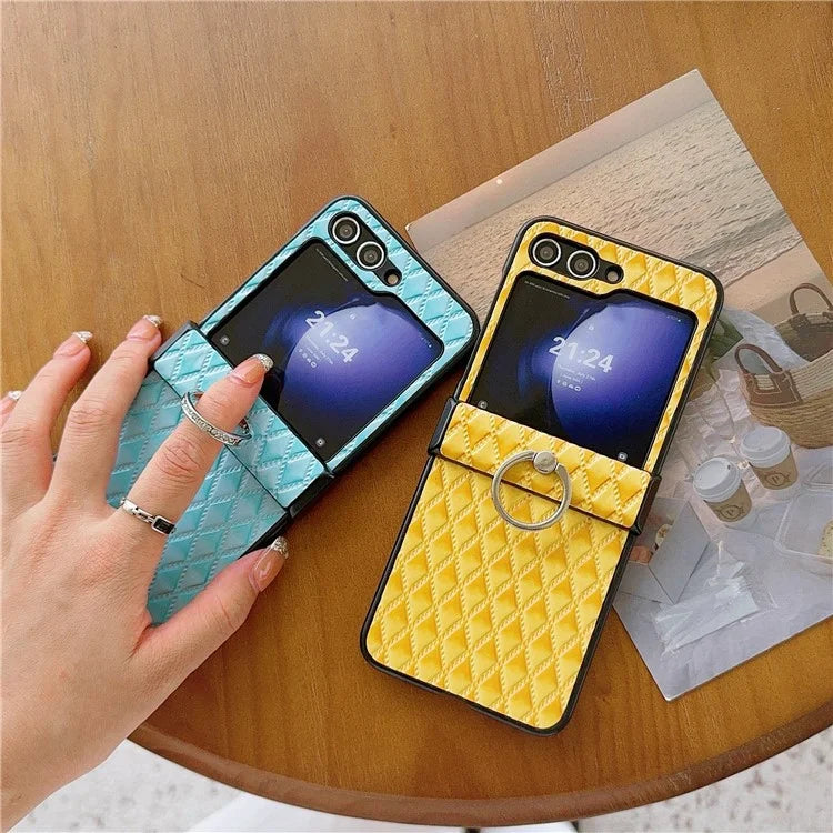 For Samsung Galaxy Z Flip6 5G Rhombus Imprinted PU Leather Coated PC Phone Cover with Ring Kickstand