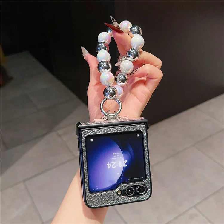 For Samsung Galaxy Z Flip6 5G Case Hinge Protection Leather Coated Phone Cover with Bead Chain