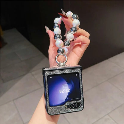 For Samsung Galaxy Z Flip6 5G Case Hinge Protection Leather Coated Phone Cover with Bead Chain