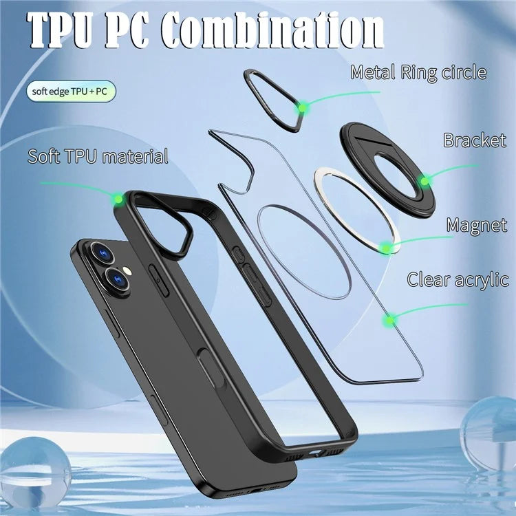 For iPhone 16 Case Compatible with MagSafe Rotating Kickstand TPU+PC Clear Back Phone Cover