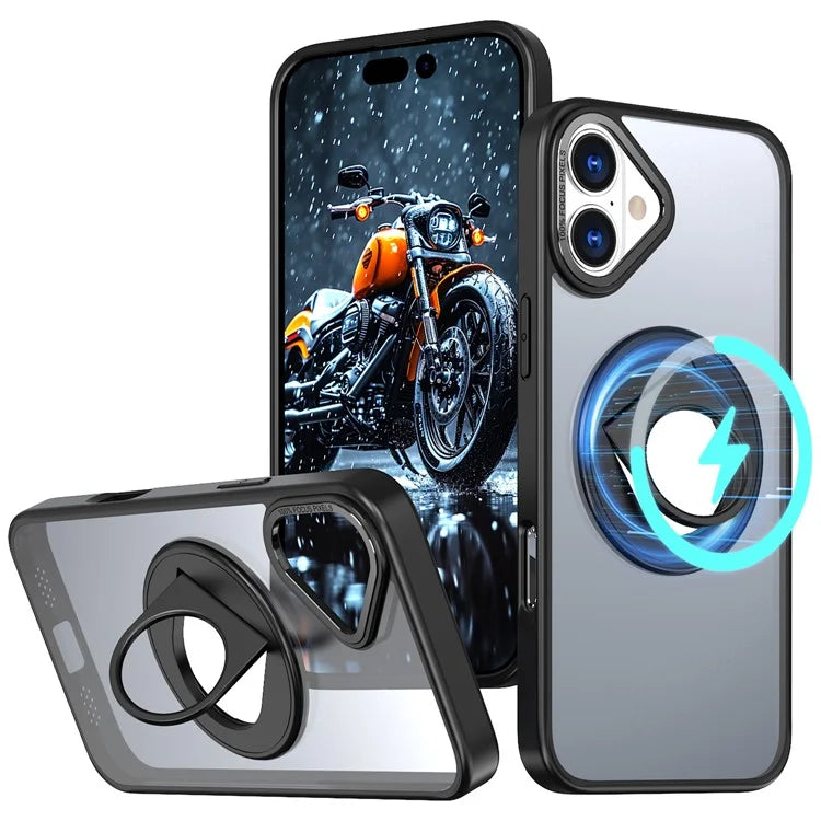 For iPhone 16 Plus Clear Back Case Rotating Kickstand TPU+PC Phone Cover Compatible with MagSafe