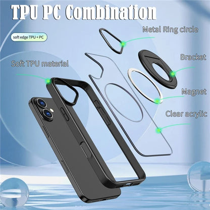 For iPhone 16 Plus Clear Back Case Rotating Kickstand TPU+PC Phone Cover Compatible with MagSafe