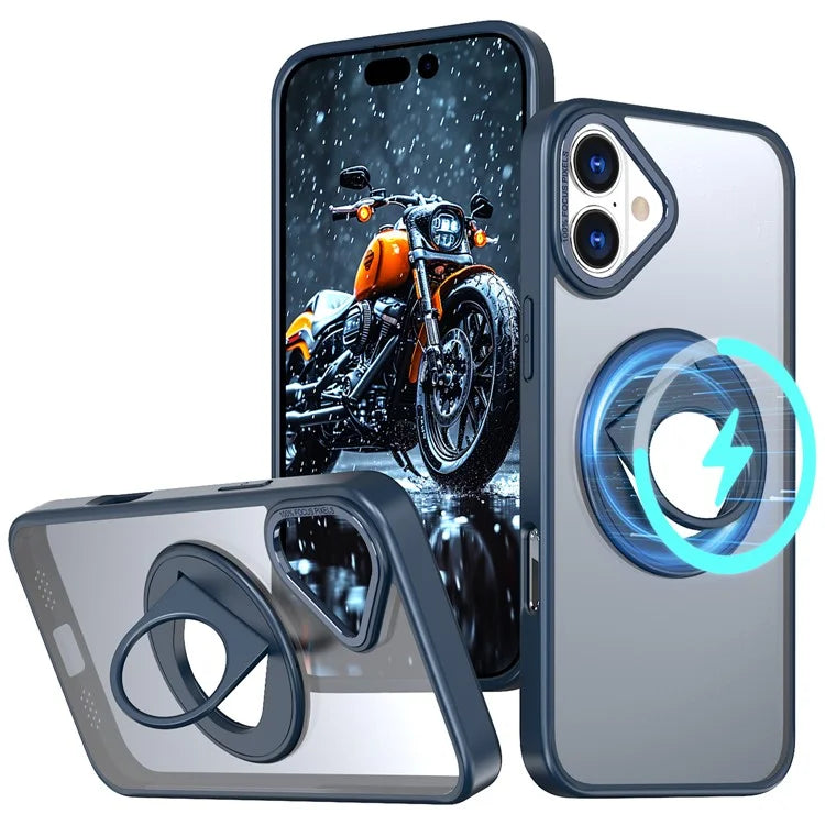 For iPhone 16 Plus Clear Back Case Rotating Kickstand TPU+PC Phone Cover Compatible with MagSafe