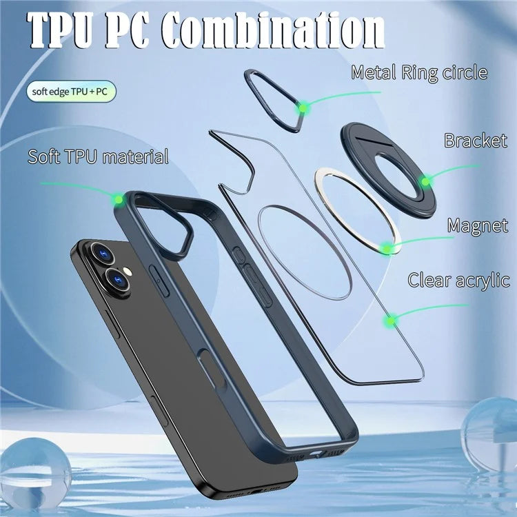 For iPhone 16 Plus Clear Back Case Rotating Kickstand TPU+PC Phone Cover Compatible with MagSafe
