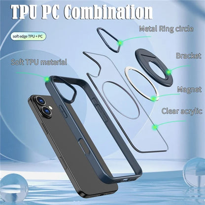 For iPhone 16 Plus Clear Back Case Rotating Kickstand TPU+PC Phone Cover Compatible with MagSafe