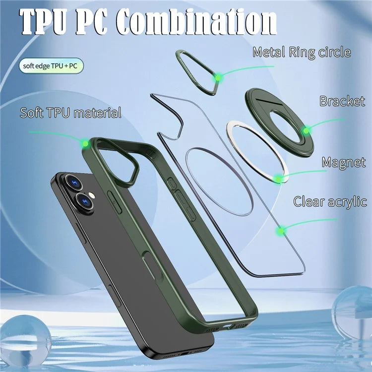 For iPhone 16 Plus Clear Back Case Rotating Kickstand TPU+PC Phone Cover Compatible with MagSafe
