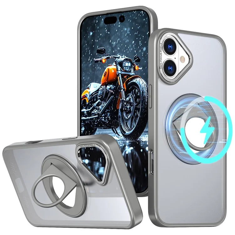 For iPhone 16 Plus Clear Back Case Rotating Kickstand TPU+PC Phone Cover Compatible with MagSafe