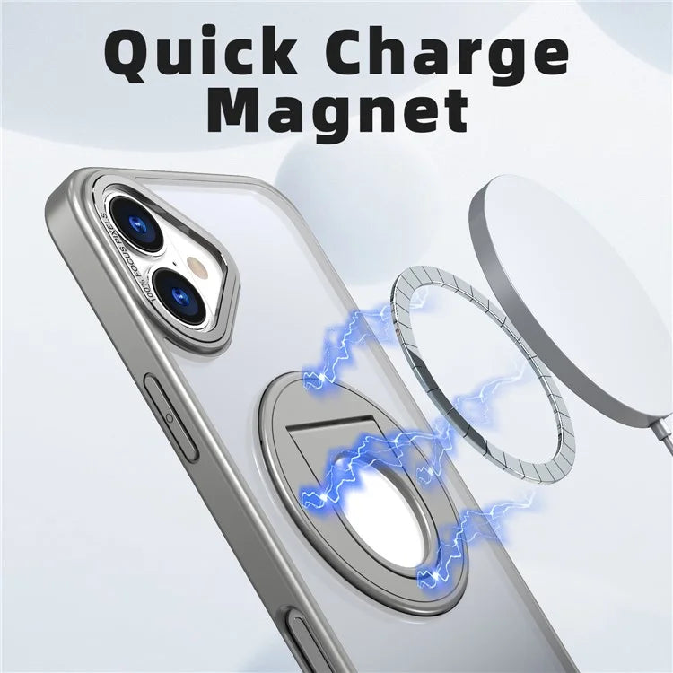 For iPhone 16 Plus Clear Back Case Rotating Kickstand TPU+PC Phone Cover Compatible with MagSafe