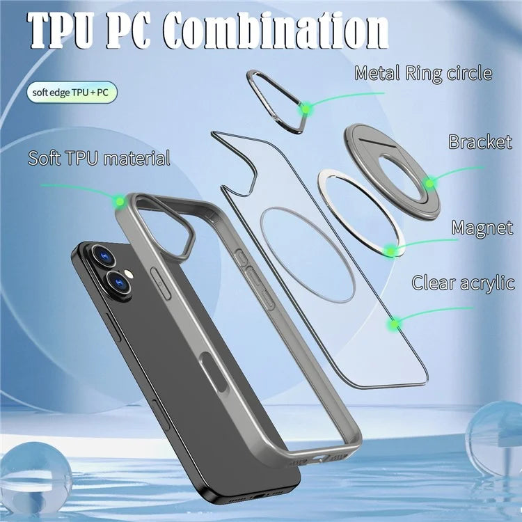 For iPhone 16 Plus Clear Back Case Rotating Kickstand TPU+PC Phone Cover Compatible with MagSafe