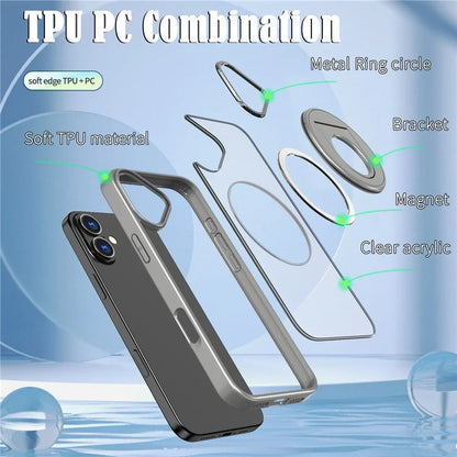 For iPhone 16 Plus Clear Back Case Rotating Kickstand TPU+PC Phone Cover Compatible with MagSafe