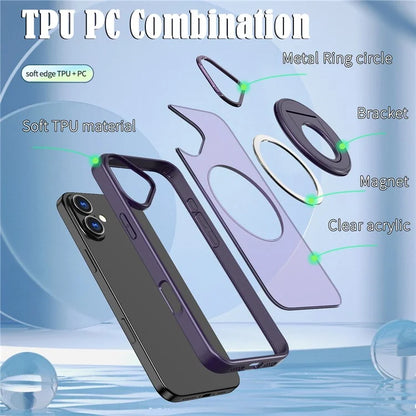 For iPhone 16 Plus Clear Back Case Rotating Kickstand TPU+PC Phone Cover Compatible with MagSafe