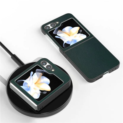 For Samsung Galaxy Z Flip6 5G Case PU Leather Coated Hard PC Folding Phone Cover
