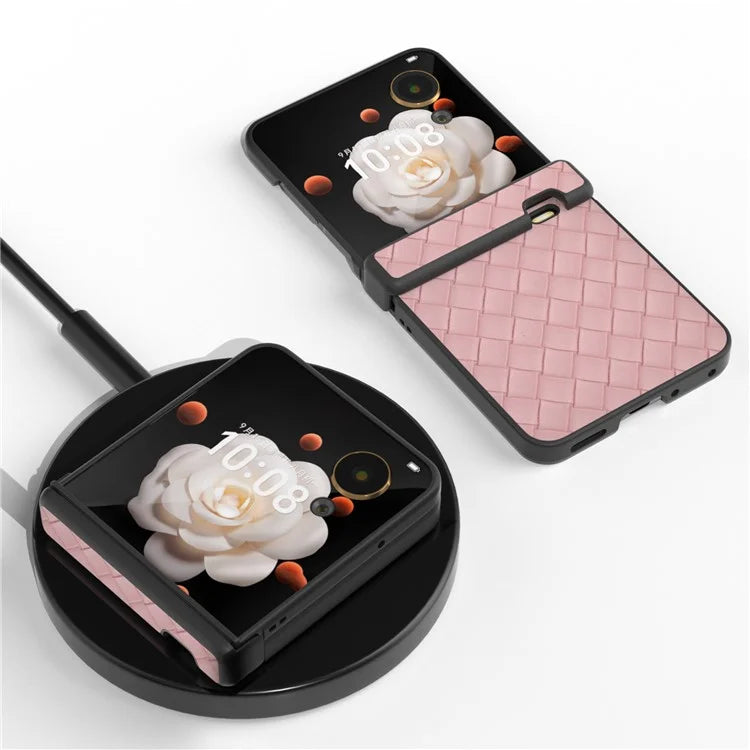 For Honor Magic V Flip 5G Case Hinge Protection Woven Texture Leather+PC Phone Cover