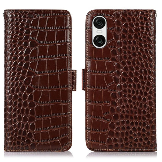 For Sony Xperia 10 VI Case Crocodile Texture Genuine Cow Leather Phone Wallet Cover