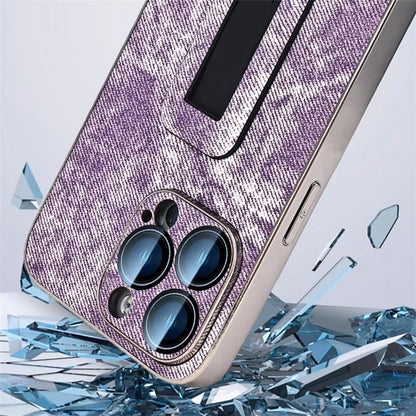 For iPhone 13 Pro Max Case Push-Pull Kickstand PU Leather Phone Back Cover Camera Protection