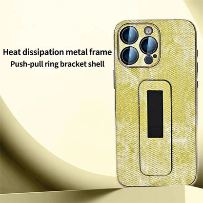 For iPhone 13 Pro Max Case Push-Pull Kickstand PU Leather Phone Back Cover Camera Protection