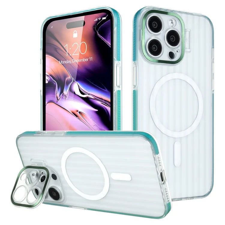For iPhone 14 Pro Max Case Compatible with MagSafe Kickstand PC+TPU Phone Cover Strip Pattern Anti-Slip