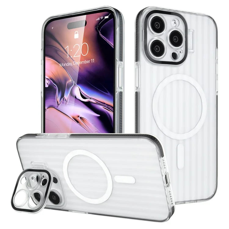 For iPhone 14 Pro Max Case Compatible with MagSafe Kickstand PC+TPU Phone Cover Strip Pattern Anti-Slip