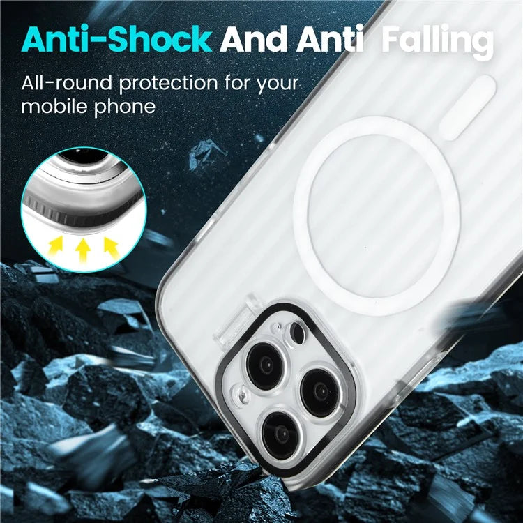 For iPhone 14 Pro Case with Kickstand PC+TPU Phone Cover Strip Pattern Back Compatible with MagSafe