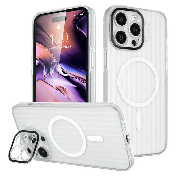 For iPhone 14 Pro Case with Kickstand PC+TPU Phone Cover Strip Pattern Back Compatible with MagSafe