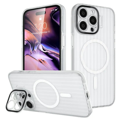 For iPhone 14 Pro Case with Kickstand PC+TPU Phone Cover Strip Pattern Back Compatible with MagSafe