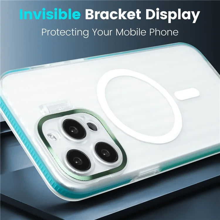 For iPhone 14 Pro Case with Kickstand PC+TPU Phone Cover Strip Pattern Back Compatible with MagSafe