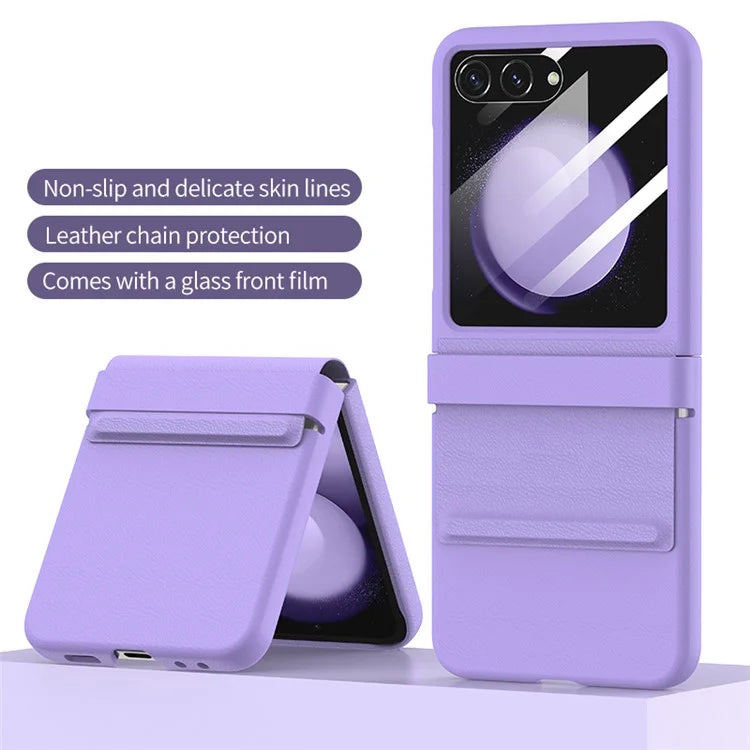 For Samsung Galaxy Z Flip5 5G Case Hinge Protection Leather+PC Phone Cover with Rear Screen Film