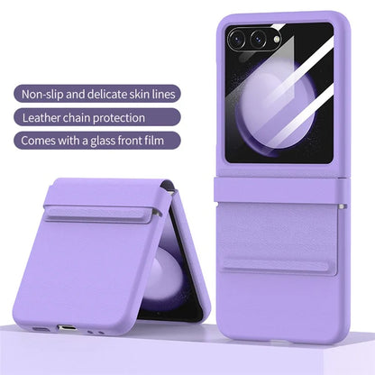 For Samsung Galaxy Z Flip5 5G Case Hinge Protection Leather+PC Phone Cover with Rear Screen Film