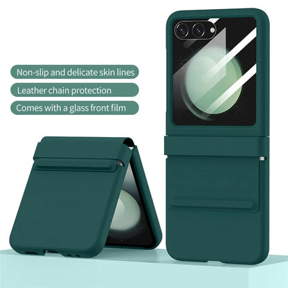 For Samsung Galaxy Z Flip5 5G Case Hinge Protection Leather+PC Phone Cover with Rear Screen Film