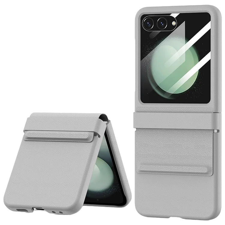 For Samsung Galaxy Z Flip5 5G Case Hinge Protection Leather+PC Phone Cover with Rear Screen Film