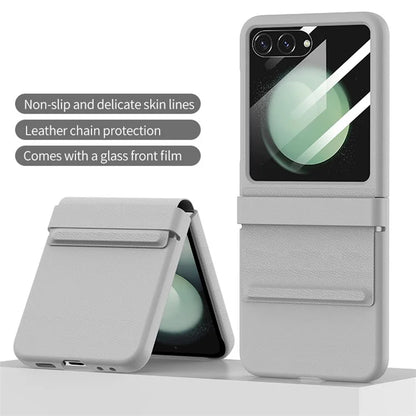 For Samsung Galaxy Z Flip5 5G Case Hinge Protection Leather+PC Phone Cover with Rear Screen Film