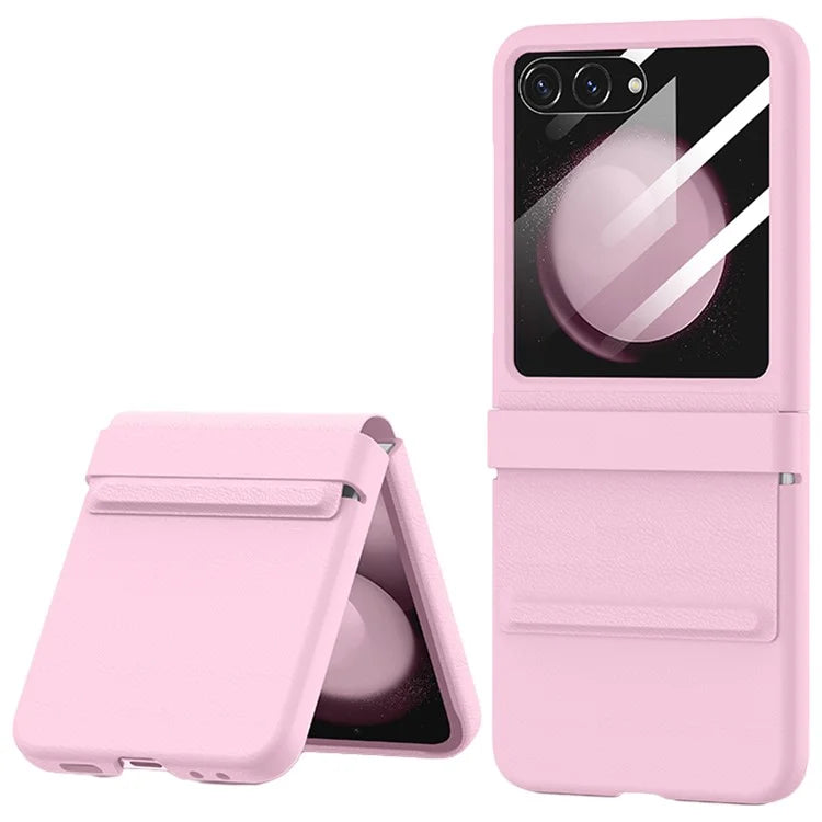 For Samsung Galaxy Z Flip5 5G Case Hinge Protection Leather+PC Phone Cover with Rear Screen Film
