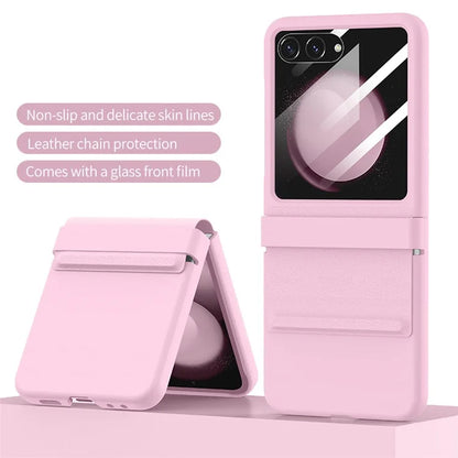 For Samsung Galaxy Z Flip5 5G Case Hinge Protection Leather+PC Phone Cover with Rear Screen Film