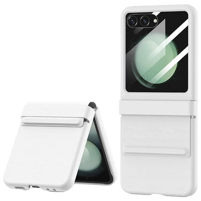 For Samsung Galaxy Z Flip5 5G Case Hinge Protection Leather+PC Phone Cover with Rear Screen Film