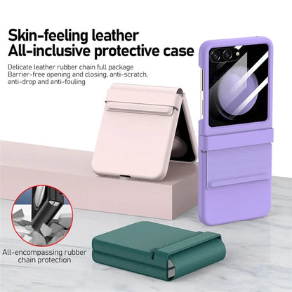 For Samsung Galaxy Z Flip6 5G / Z Flip5 5G Case Anti-Scratch Leather+PC Phone Cover with Rear Screen Film