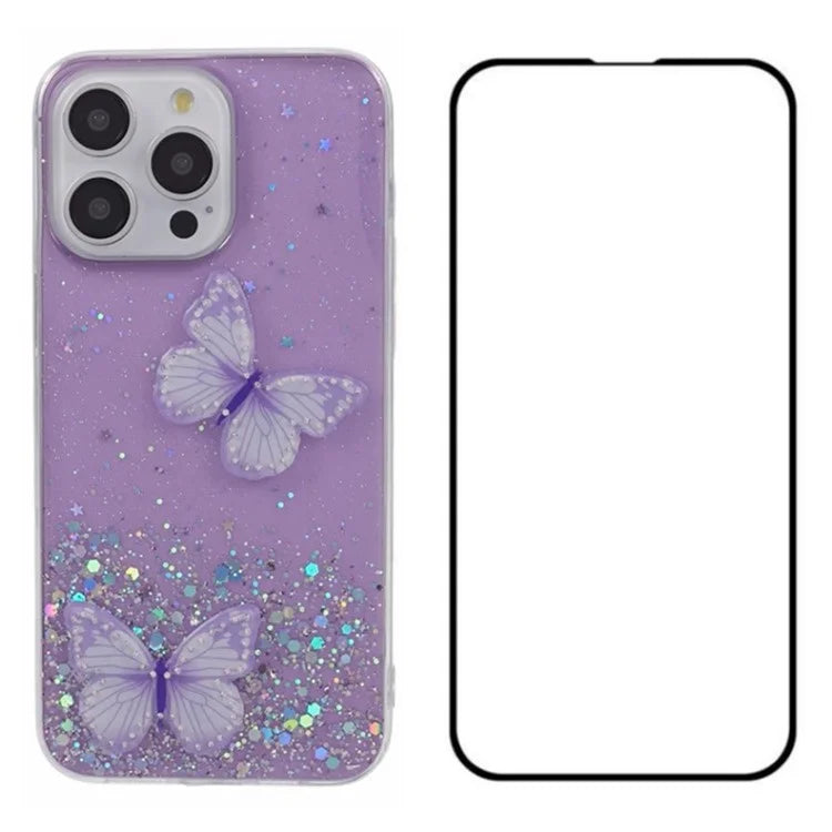 WANLONFENG AW Series for iPhone 16 Pro Max Case with Screen Film TPU Phone Cover 3D Butterfly Epoxy