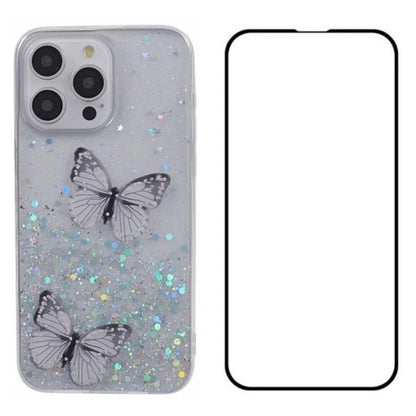 WANLONFENG AW Series for iPhone 16 Pro Max Case with Screen Film TPU Phone Cover 3D Butterfly Epoxy
