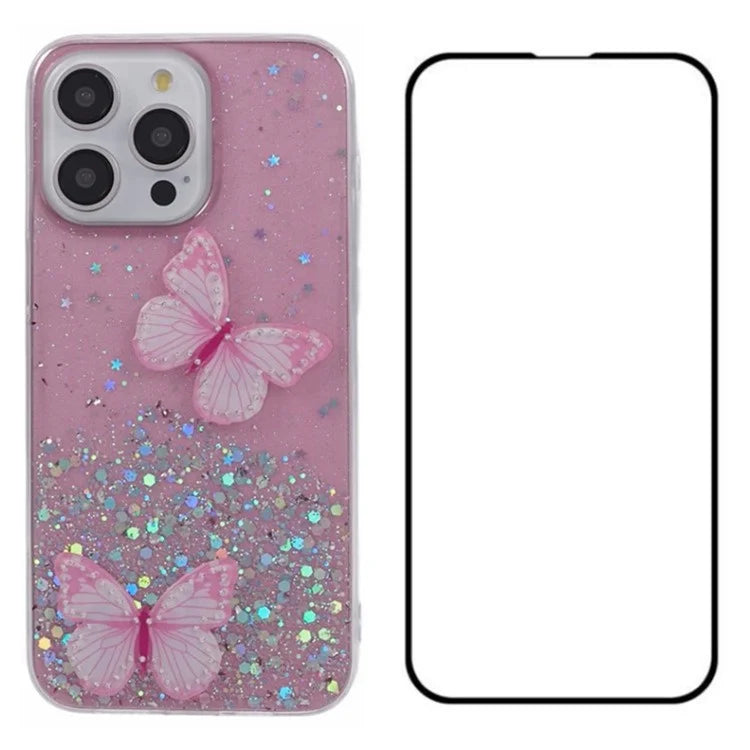 WANLONFENG AW Series for iPhone 16 Pro Max Case with Screen Film TPU Phone Cover 3D Butterfly Epoxy