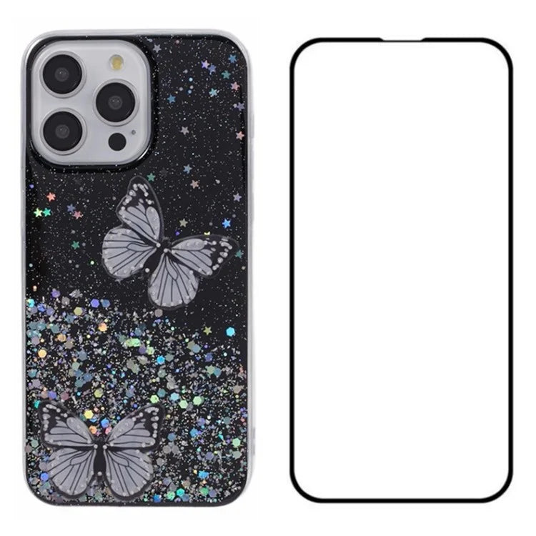 WANLONFENG AW Series for iPhone 16 Pro Max Case with Screen Film TPU Phone Cover 3D Butterfly Epoxy