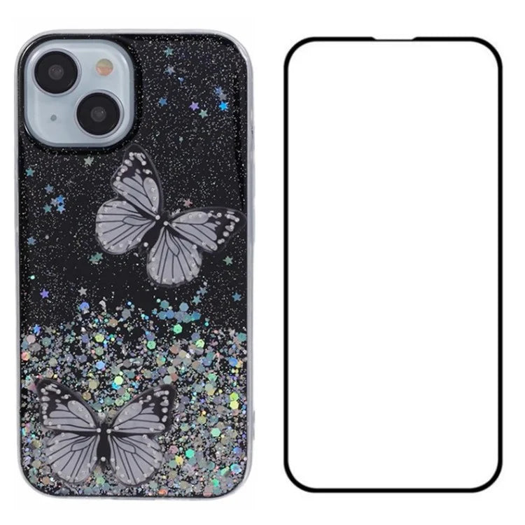 WANLONFENG AW Series for iPhone 13 TPU Case PVC Butterfly Glitter Back Cover with Screen Protector
