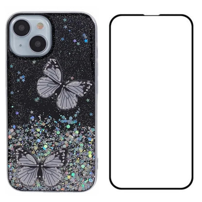 WANLONFENG AW Series for iPhone 13 TPU Case PVC Butterfly Glitter Back Cover with Screen Protector
