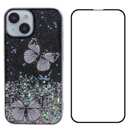 WANLONFENG AW Series for iPhone 13 TPU Case PVC Butterfly Glitter Back Cover with Screen Protector